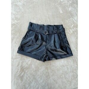 women's black faux leather high waist paperbag shorts, tie belt size XL